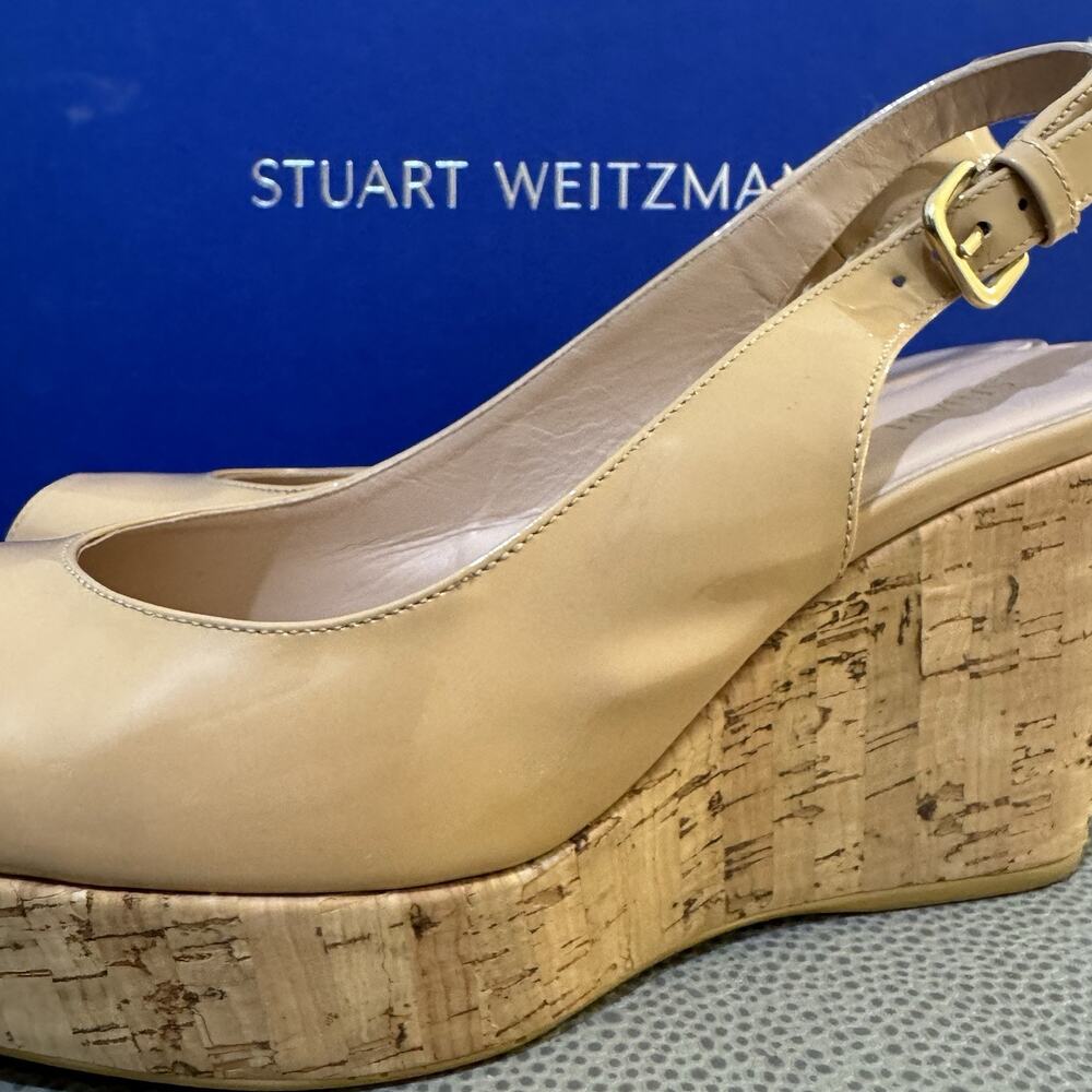 STUART WEITZMAN AUTH $399 Women Beige Patent Leather Jean Wedge Sandals Size 9 M - Picture 11 of 16